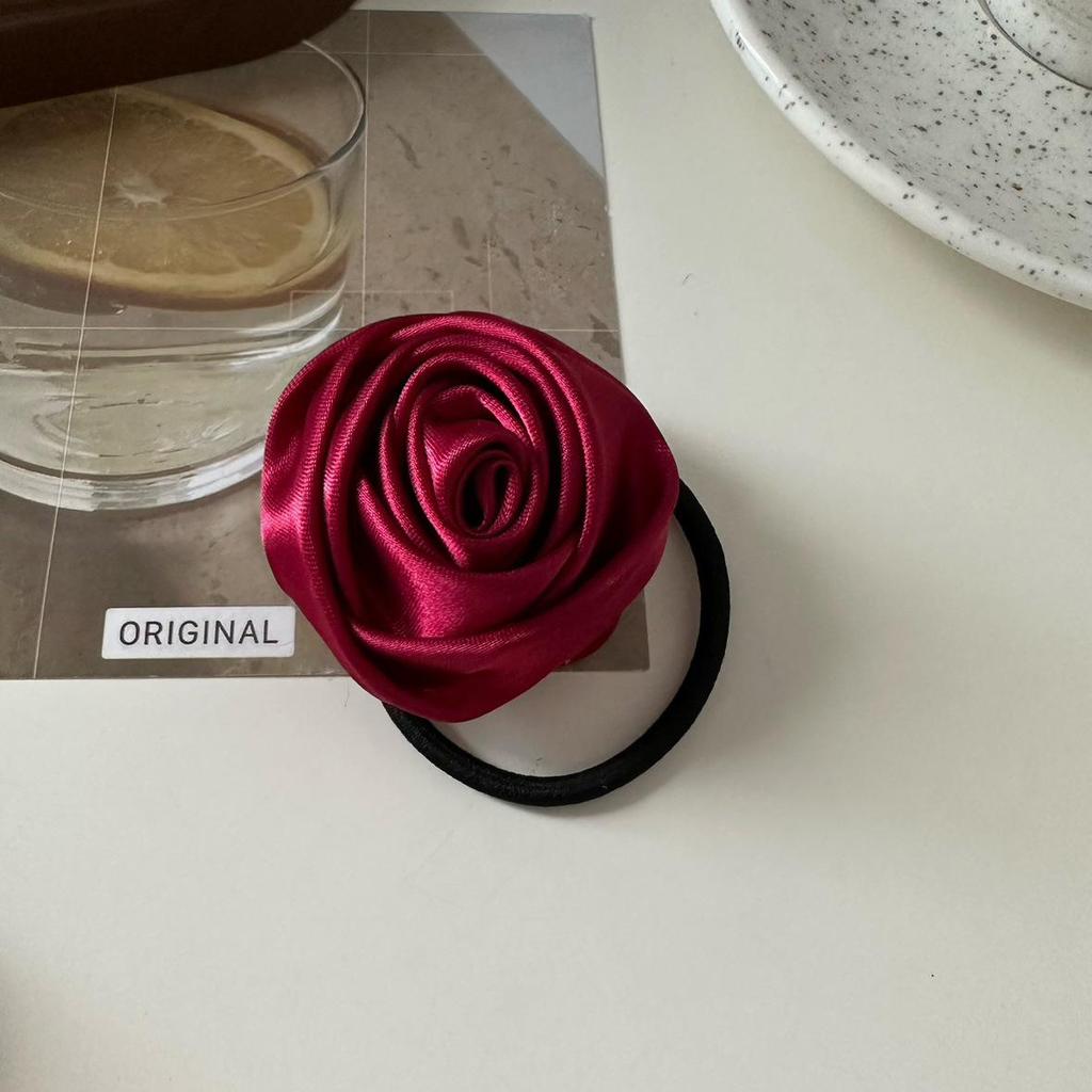 French Satin Rose Hair Tie - Elegant Retro Elastic Band