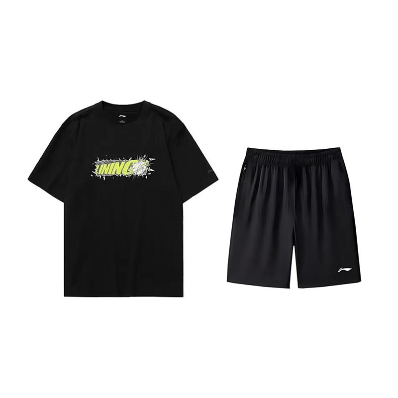 

Футболка с круглым вырезом и короткими рукавами с принтом логотипа Li Ning, модная, простая, универсальная, шорты, повседневный спортивный костюм, костюм унисекс AHSUA03-2+AKSV843-1 3XL