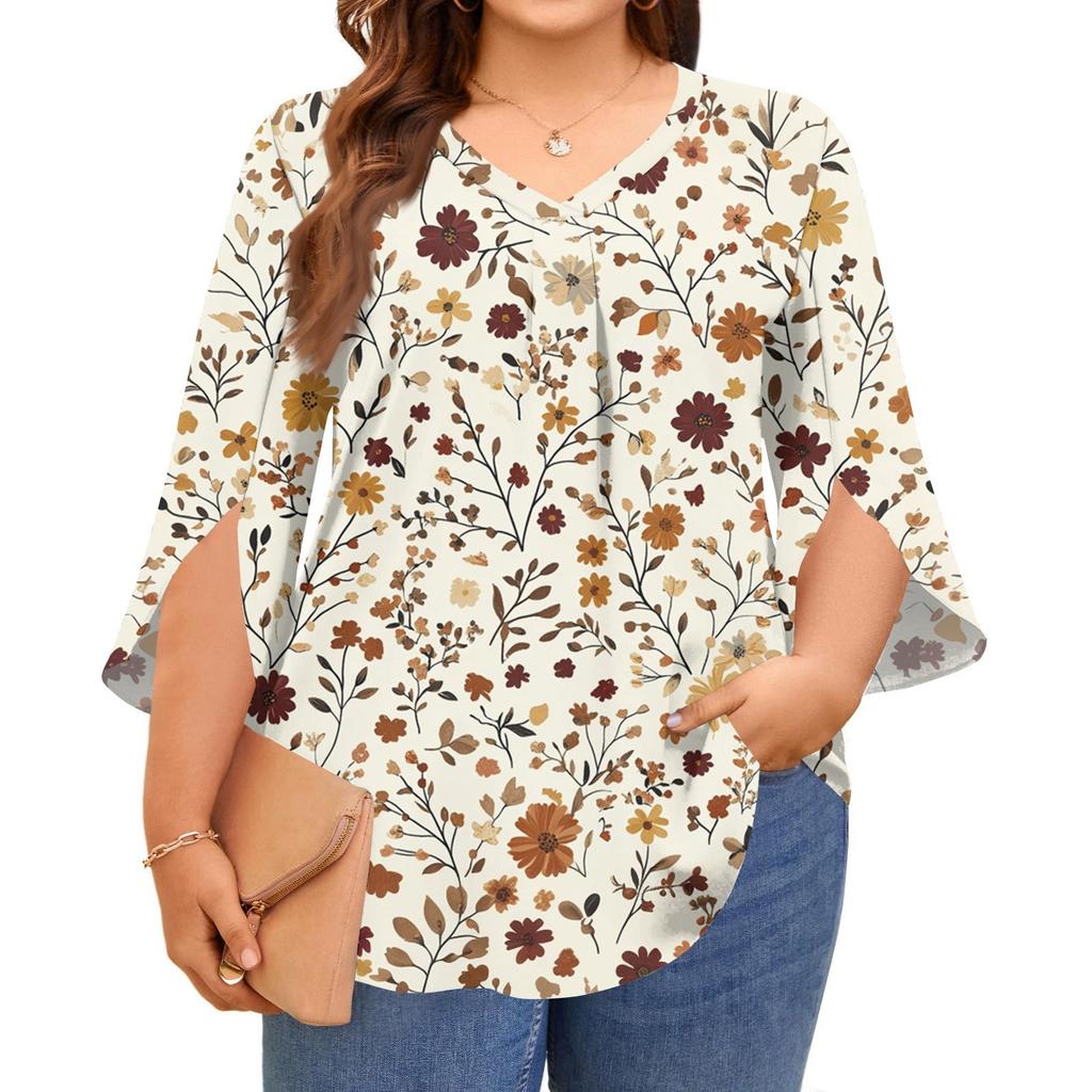 Women's Prined V-neck Plus Size Tops 3/4 Sleeves Elegant Shirt Tops