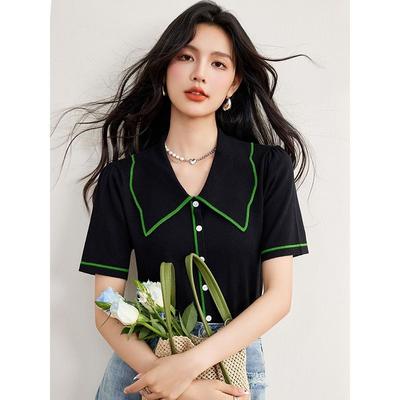 T-shirt casual a maniche corte in maglia con colletto colorblock per donna