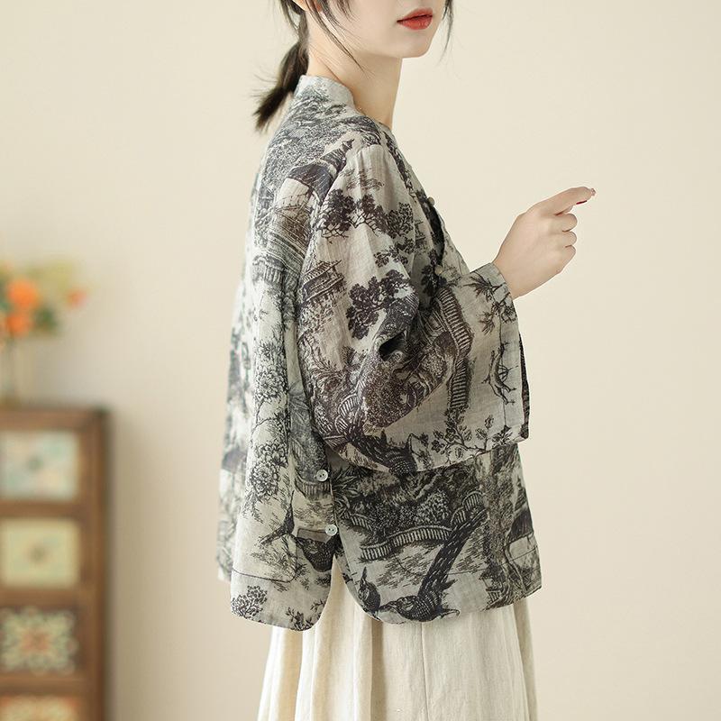 Top z ramie ve stylu čínského límce se šikmým zapínáním, China-Chic orientální potisk, košile s širokými rukávy, dámská letní