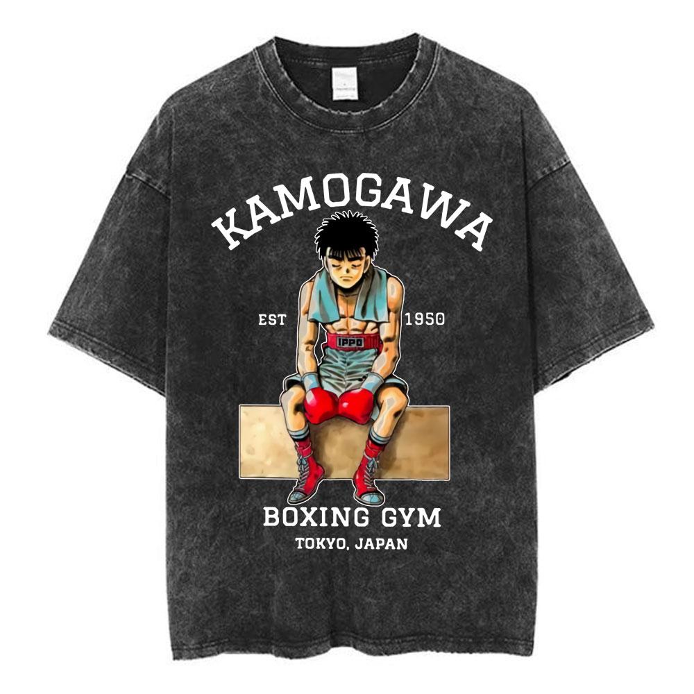 Anime Hajime No Ippo Makunouchi Vintage Washed Tshirt Takamura KGB T Shirts Kamogawa Boxing Gym Tshirt Men Manga Retro Tshirts