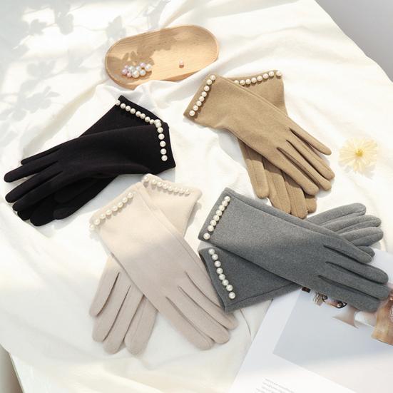 Women Winter Touchscreen Gloves Plush Lined Gloves with Faux Pearls Warm Windproof