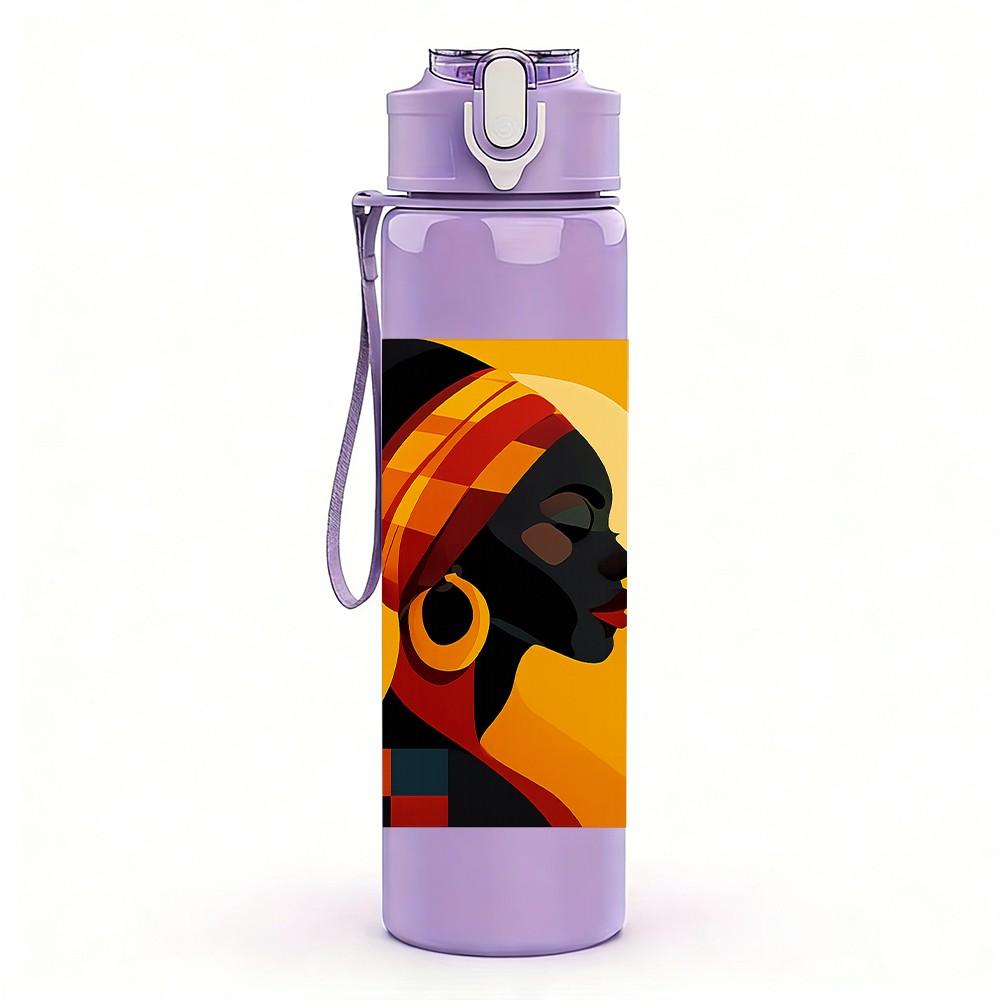 1PC Black Woman Profile Ethnic Art Print 750ml Color Plastic Sports Water Bottle Leakproof Flip Straw Lid Suitable for Sports Office Home Use