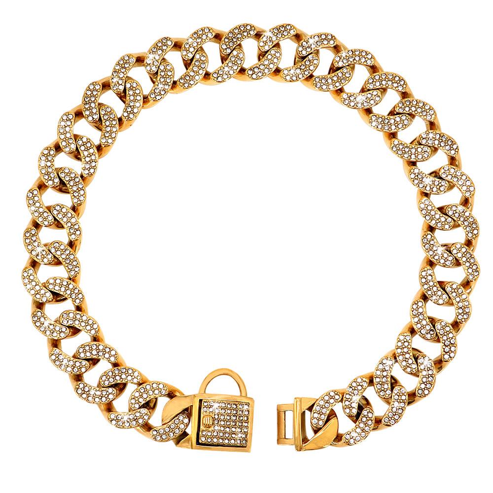 

Прочные металлические ошейники для собак, блестящие бриллиантовые ожерелья из нержавеющей стали, ошейник для дрессировки французского бульдога, золотистый ремешок для больших собак 45cm золотой