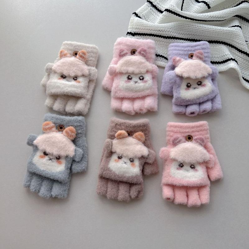 - Einjährige Kinder Strickhandschuhe mit Klappe, Damen Herbst und Winter Halbfinger mit freien Fingern, niedliche lockige Plüsch warme Schülerhandschuhe