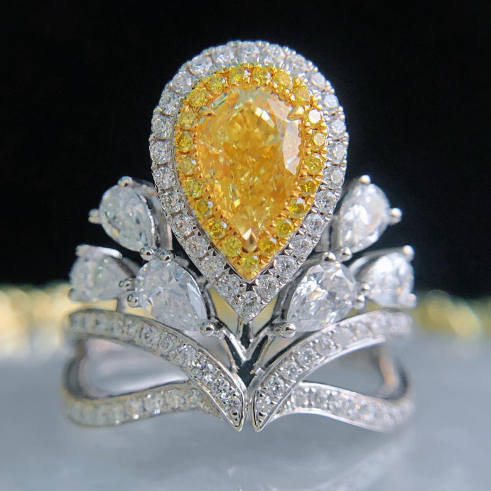 Open Ring Luxury Crown Asscher Cut Yellow Diamond Drop Ring Elegant Crown Jewelry adjustable