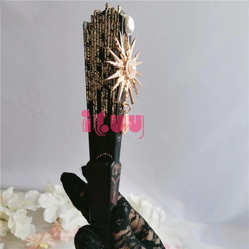 Handmade Lolita Vintage Gothic Black White Lace Hand Fan Golden Sun Flower Cross Folding Hand Fan for Photo Props Show Dancing