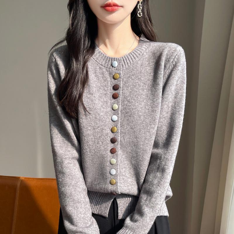 Women's Autumn Knit Faux Button Cardigan - Long Sleeve, Round Neck, Chic Loose Sweater