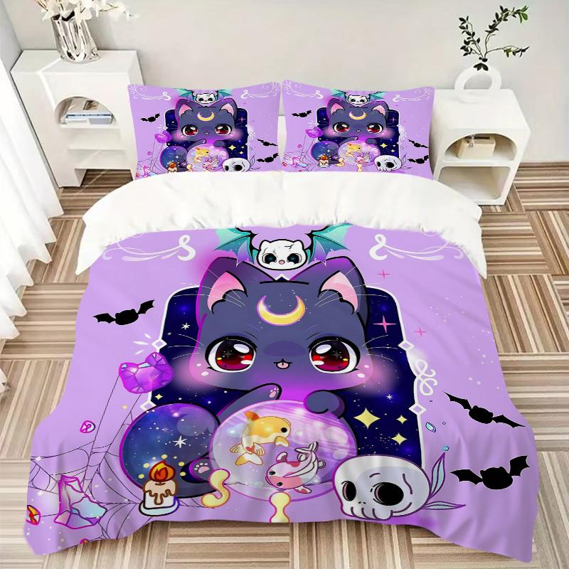 3pcs Moon Goddess Cat Pattern Bedding Set, 1* Cover + 2*Pillowcases, Printed Bedding Set, Soft and ComfortableN068