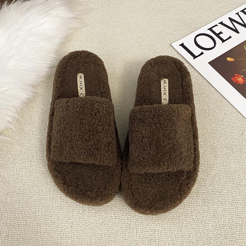 Internet celebrity plush thick-soled one-word cotton slippers women's outerwear 2025 autumn and winter new soft-soled comfortable one-pedal fluff drag