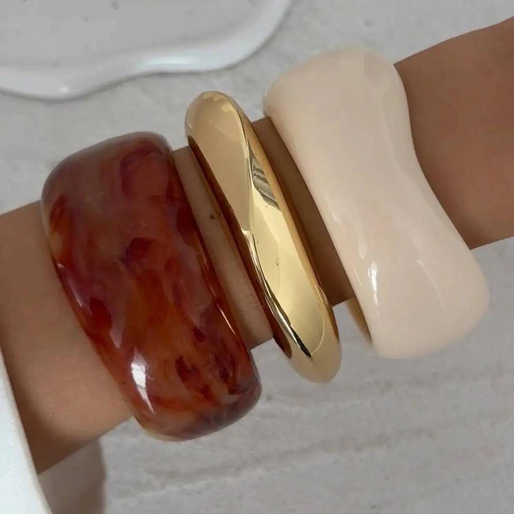 IngeSight.Z 3 Styles Punk Irregular Wide Chunky Resin Acrylic Smudging Bangle Women Geometric Spring Metal Bracelet Jewelry Gift