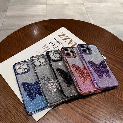 Applicable To Apple 16 Mobile Phone Case Full-inclusive Electroplated Glitter Powder Silicone Iphone15 Butterfly Stand 14Promax