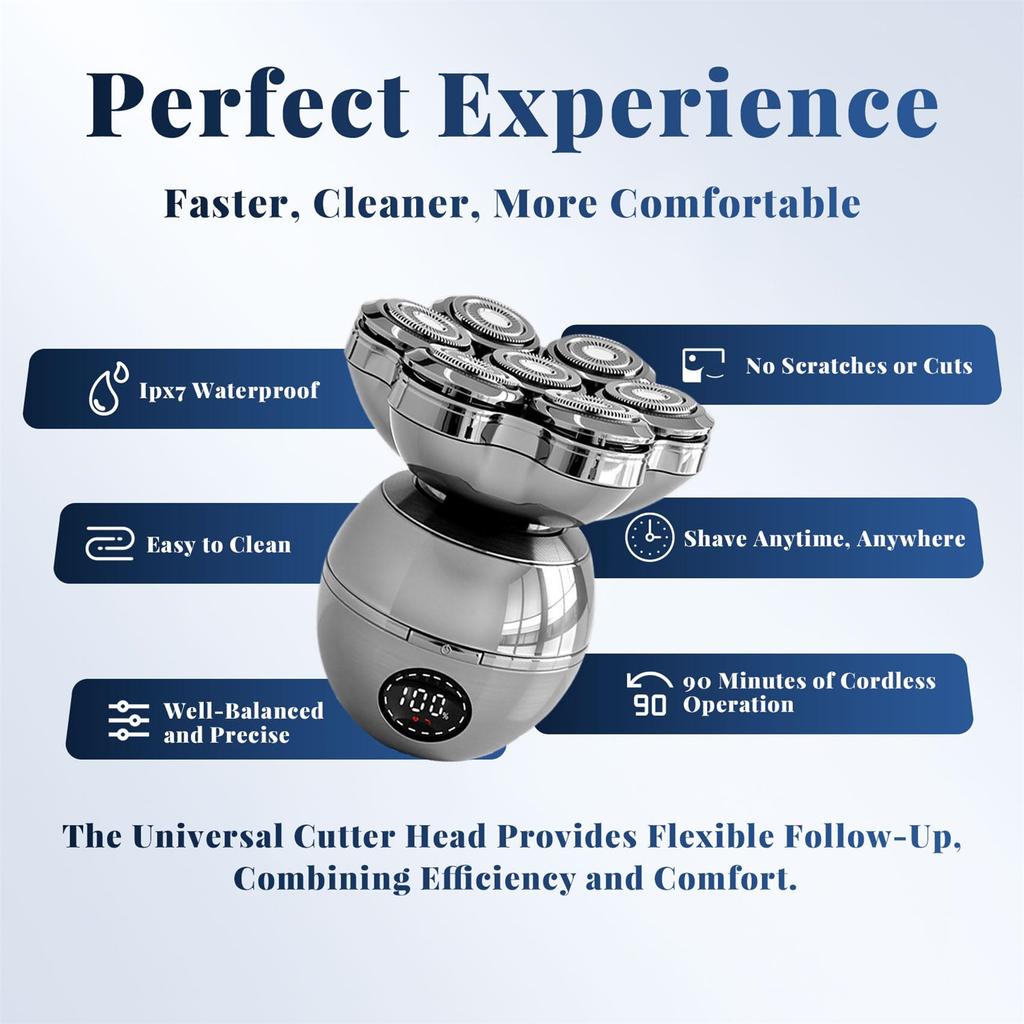 Shaver For Men, Wireless Charging Floating Head Shaver, IPX7 With 7 Rotating Shaver Heads, Nose Hair Sideburn For Body, Face