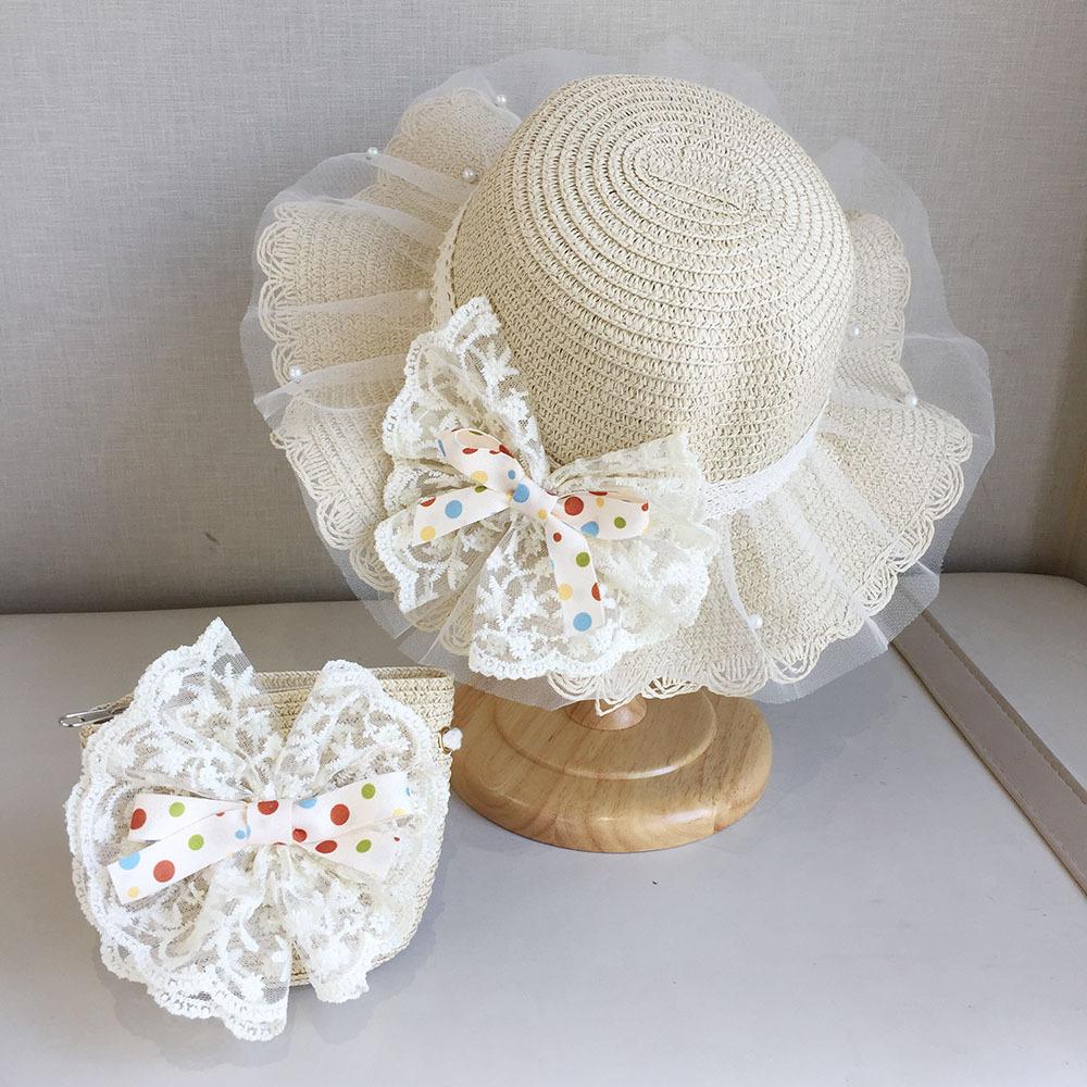 Girls Summer Lace Princess Straw Hat With Bag Set UV Protection Sunshade Beach Cap For Baby Toddler Outdoor Travel