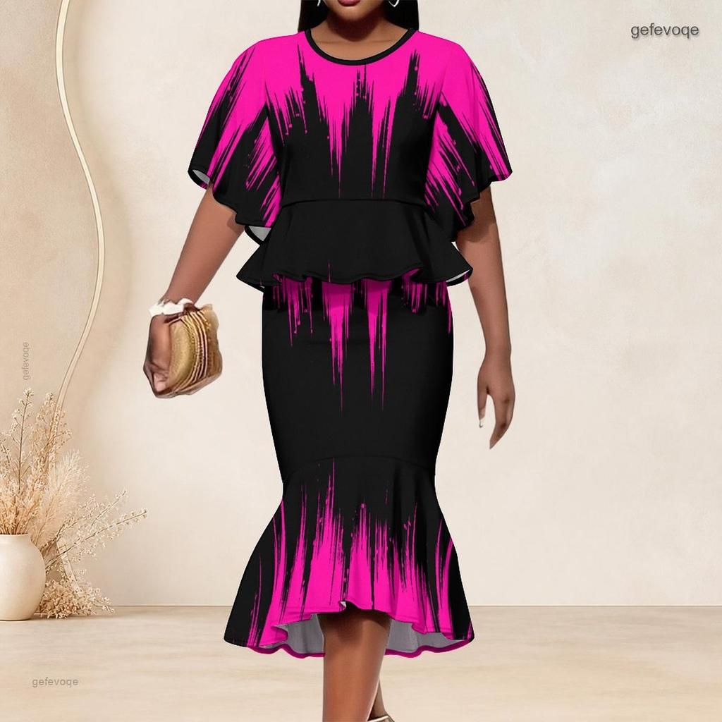 Women Plus Size Two Piece Set Round Neck Batwing Sleeve Printed Ruffle Hem Top Fishtail Skirt Silver Black
