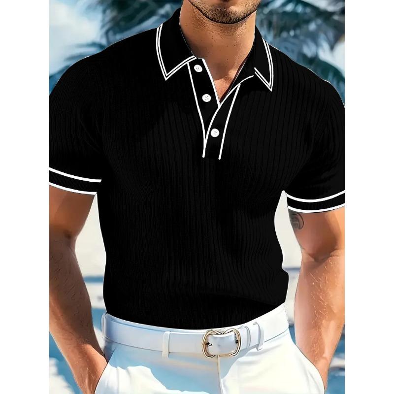 

Men s Summer New Casual Polo Shirt Grey Ribbed Knit Fashion Trim Short Sleeve S