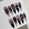 10Pcs Blue Long Handmade Cool 3D Love Press on Fake Nails with Metallic Stripe Butterfly Design Stiletto Nails Wearable Manicure