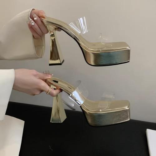 

Thick heel super high heels new nightclub sexy waterproof table thick sole transparent square head fashion model catwalk sandals woman 41 золотой