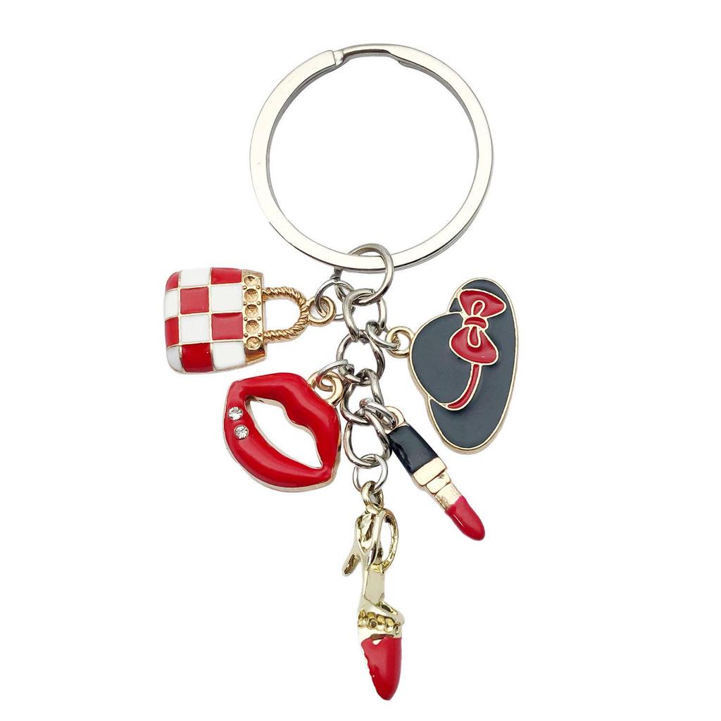 Lipstick & High Heels Keychain with Red Wine Glass Pendant