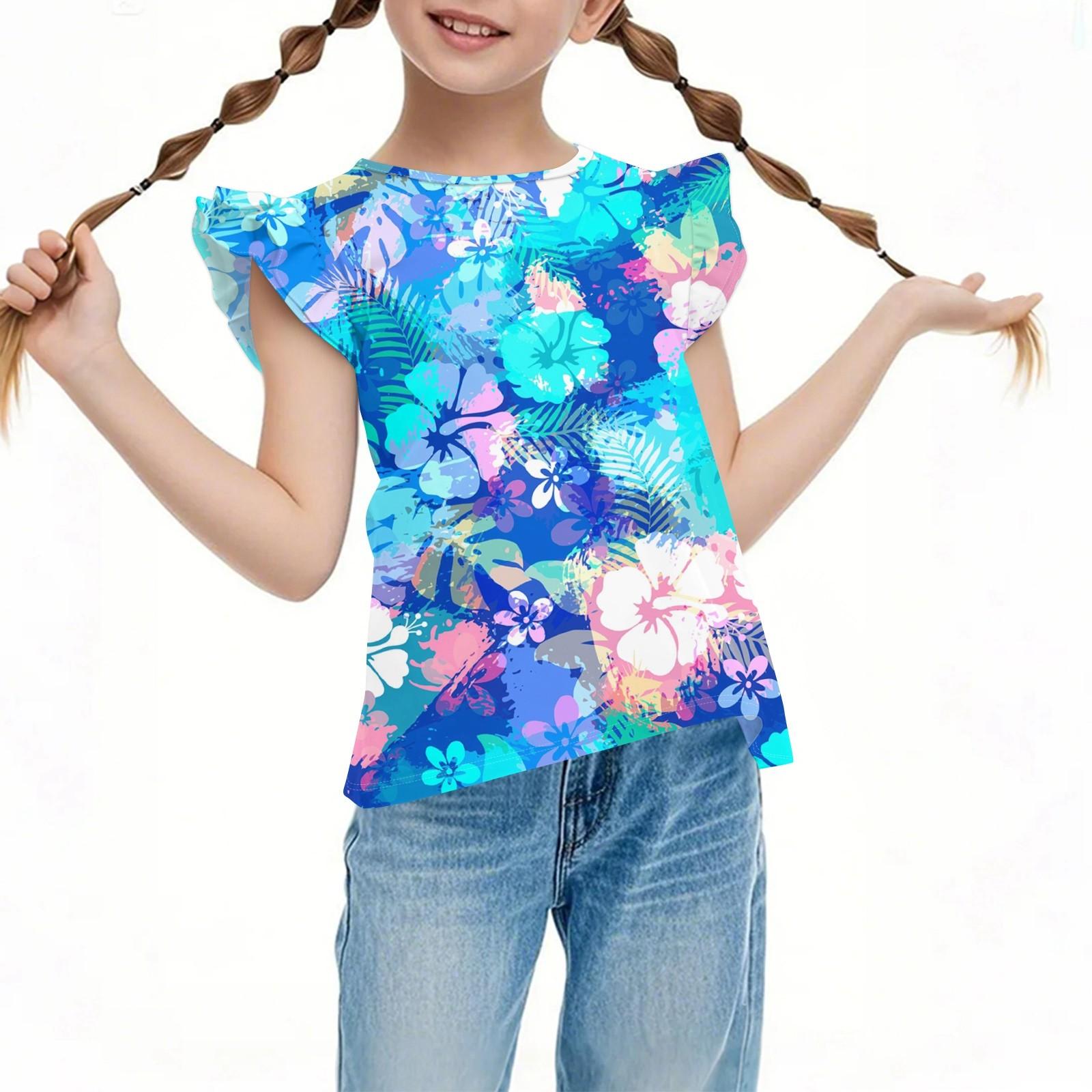 

Детский повседневный топ с короткими рукавами, плиссированный, милый, с гавайским принтом, с круглым вырезом 130 синий