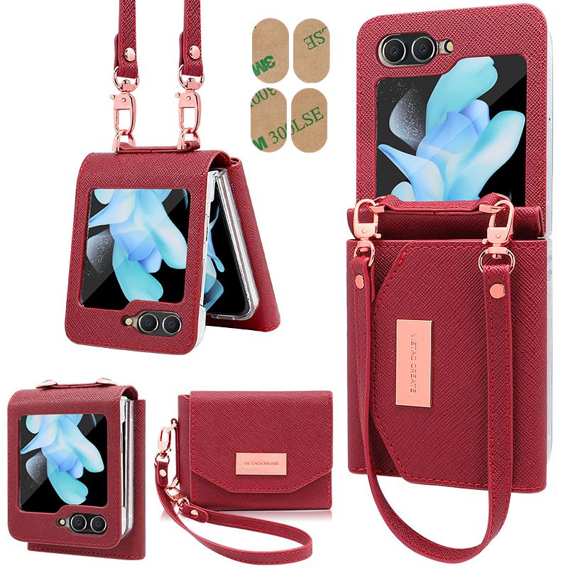 Vietao-Z Flip 7 Wallet Phone Case With Wristband Strap, Fashion Girls Leather Purse Phone Cover For Samsung Z Flip 6 5 4 3, Pink