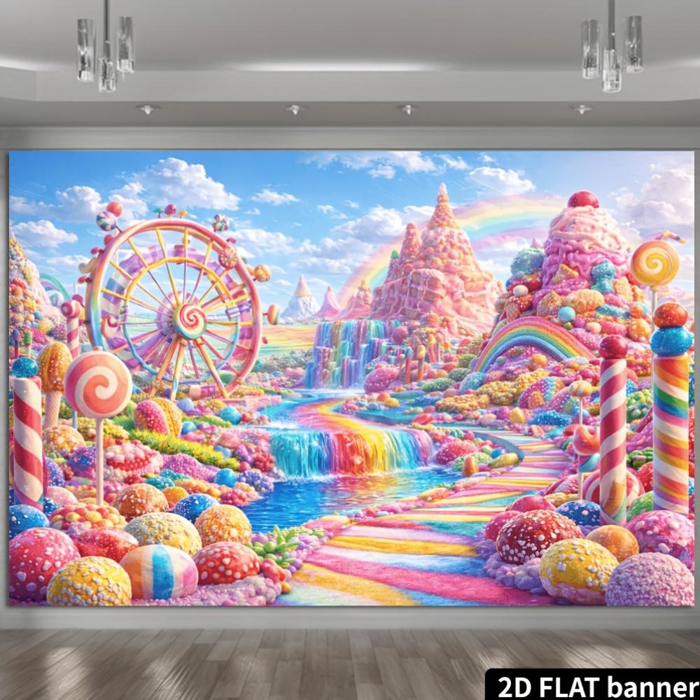 2D Plane Candy Waterfall Ferris Wheel Background Fabric Colorful Ferris Wheel Ice Cream Mountain and Rainbow Decoration