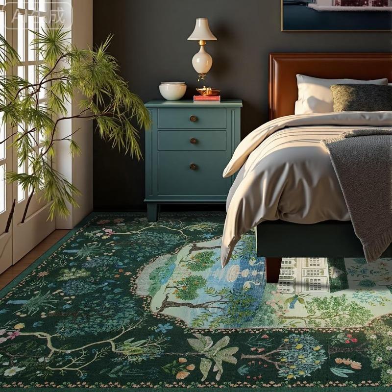 Modern Jungle Floral Living Room Carpet Dark Green Foldable Machine Washable Sofa Coffee Table Mat Advanced Luxury Bedroom Rug