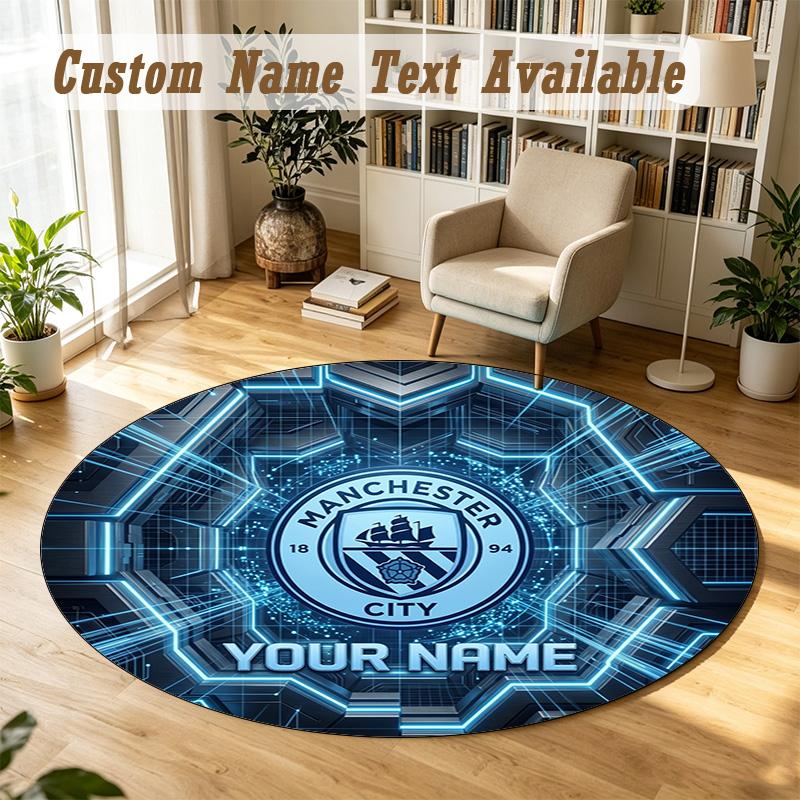 Round Rug Custom NameManchester City Pattern Non Slip Carpet Home Floor Decor