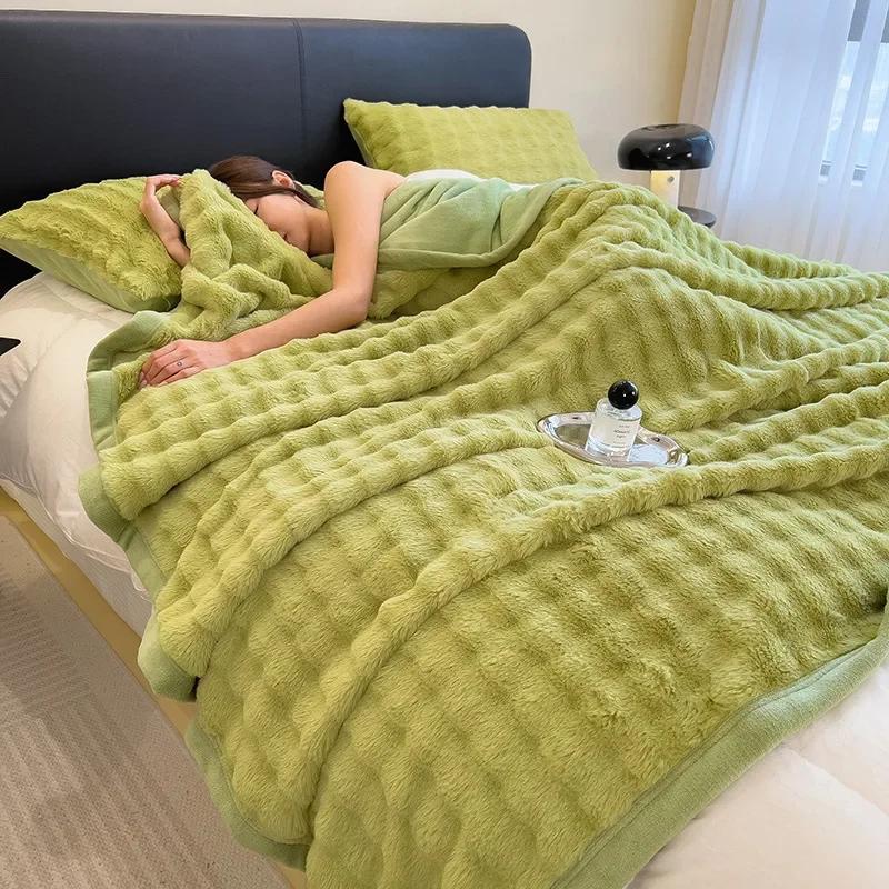 New 600g Big Bubble Rabbit Fur Composite Blanket Milk Fleece Siesta Blanket Double-sided Fleece Sofa Blanket
