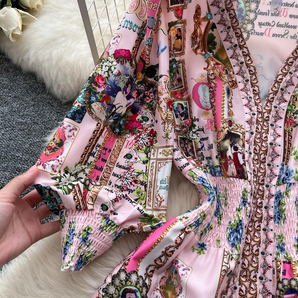 Spring Autumn Women Brand Designer Print Runway Dress V-neck Elastic Waist Long Maxi Party Dresses