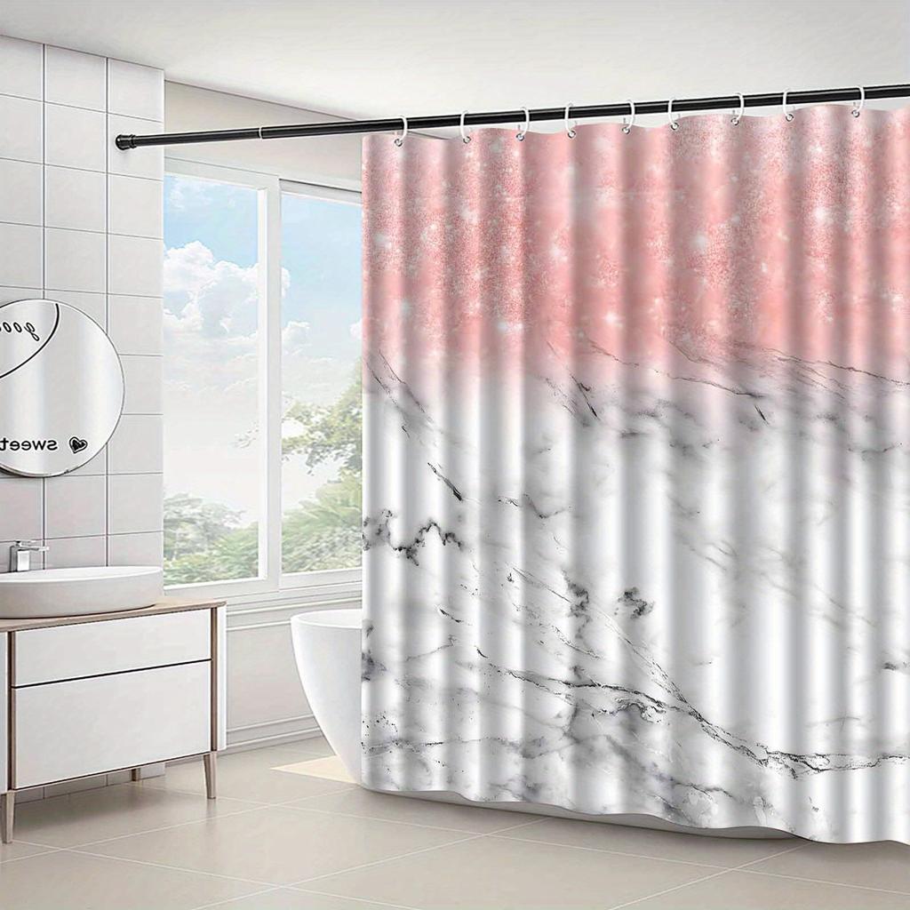 1pc Rose Gold Marble Print Shower Curtain with Hooks, Polyester Fabric, Machine Washable, Suitable for Bathroom Decoration