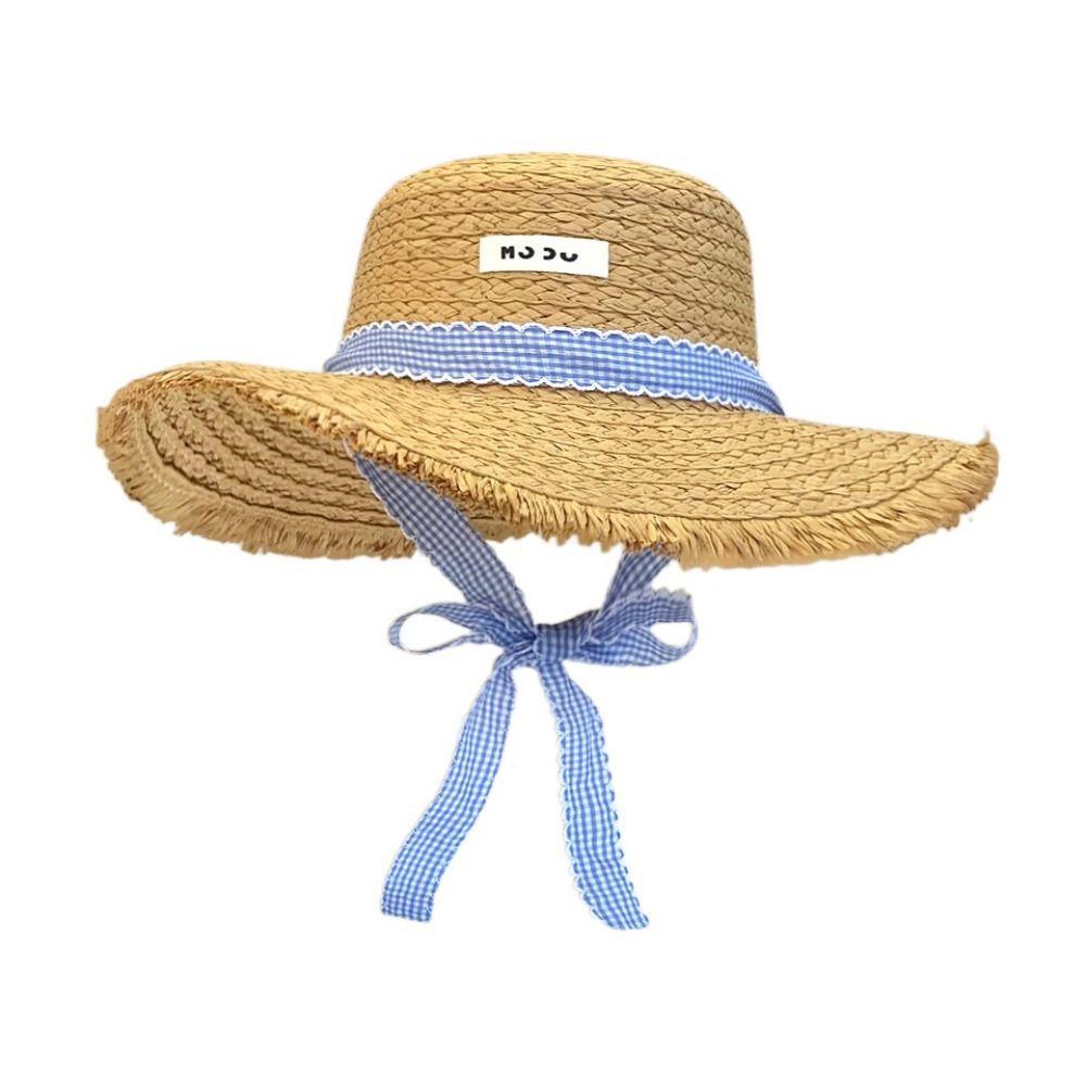 Letter Straw Weave Sun Hat Stripe Bowknot Beach Sun Cap Summer Sunscreen Bucket Hat  Summer