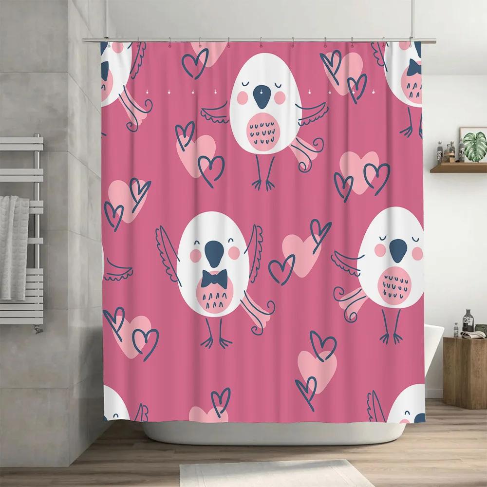 Valentine's Day Shower Curtain Pink Birds with Hearts Pattern for Bathroom Decor Made in China