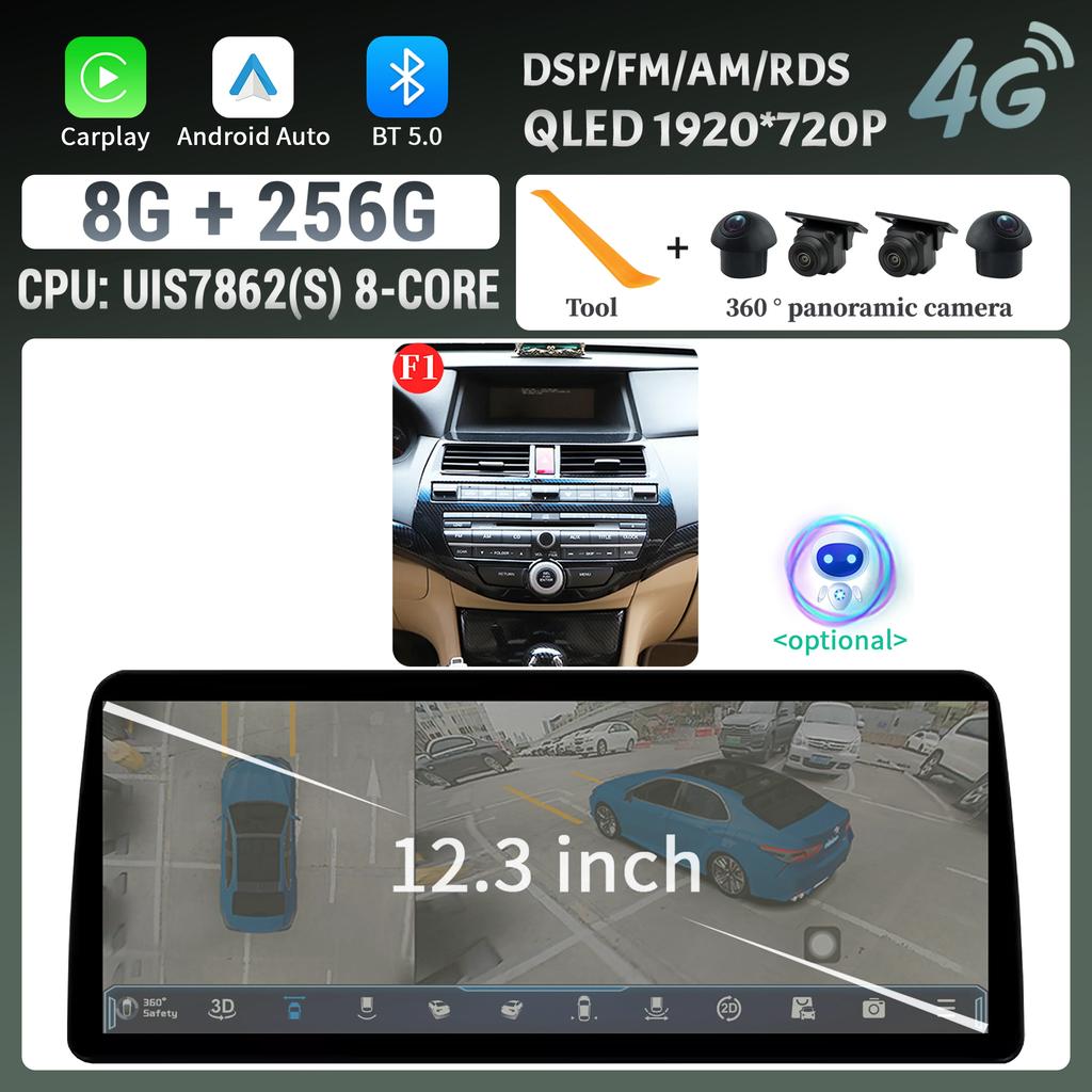 12.3inch For Honda Accord 8 2009-2013 Car Radio Multimedia Navigation Wireless Bluetooth CarPlay 4G GPS Screen Head Unit Stereo