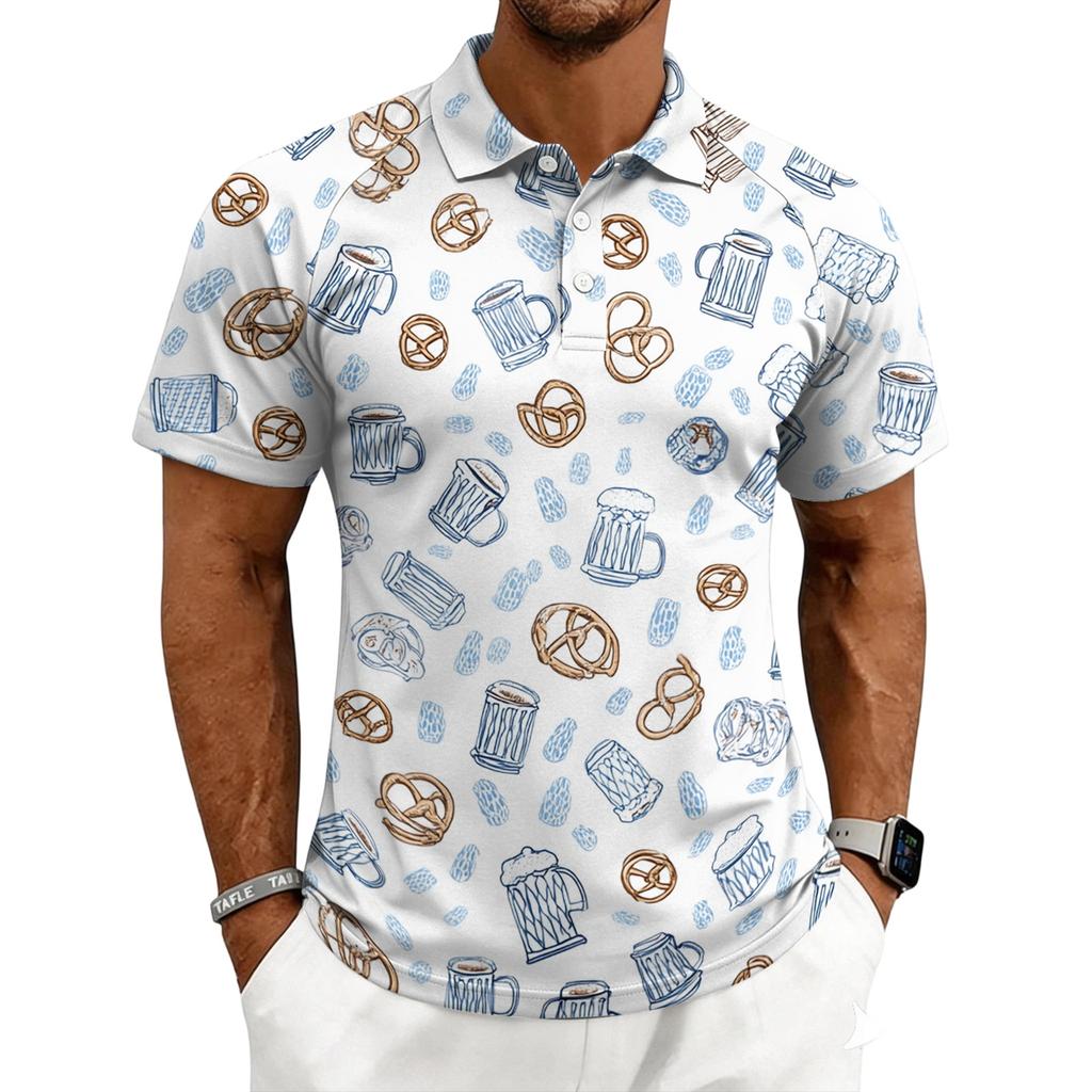 Men's Casual Printed Polo Shirt Short Sleeve Turn Down Collar Button Up Top with Graphic Pattern for Everyday Wear