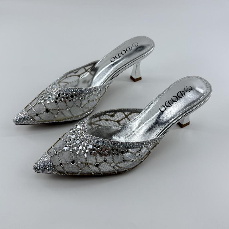 Women's Rhinestone Cap-Toe Stiletto Mules - Summer 2025 Cut-Out Mesh Backless Slippers
