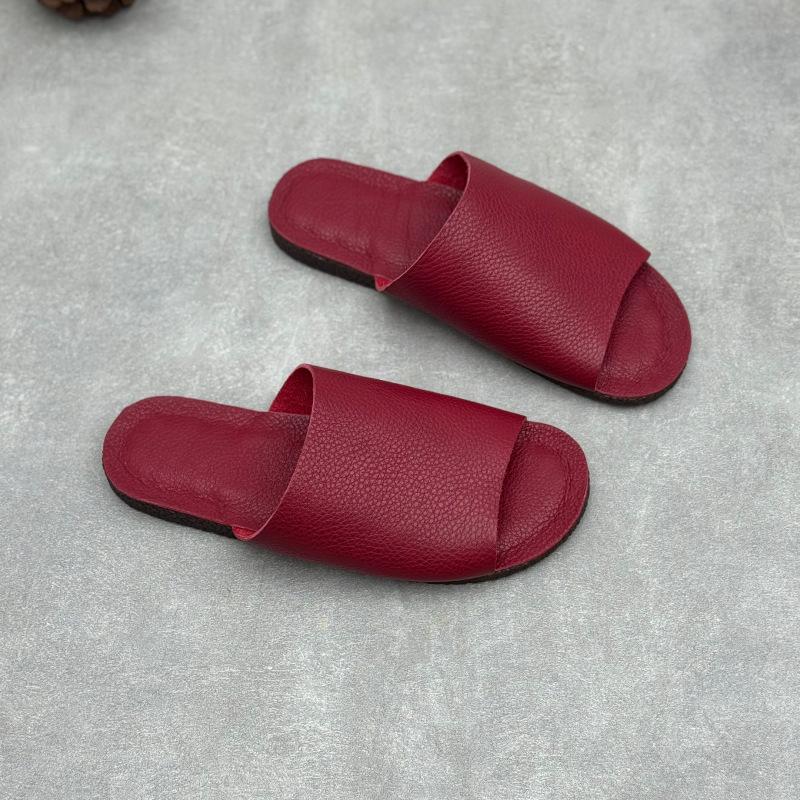 

Johnature Retro Genuine Leather Flat Slippers Leisure Versatile Peep Toe Soft Sole Women s Outdoor Slides 35 красный