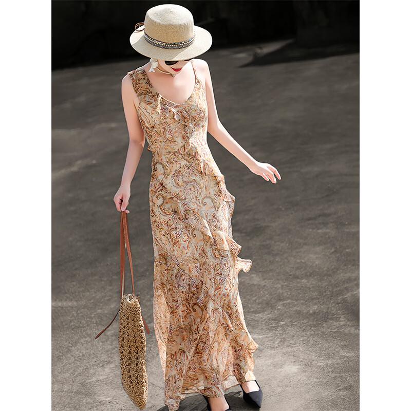 Lanser Women's French Romantic Ruffle Printed Maxi Dress