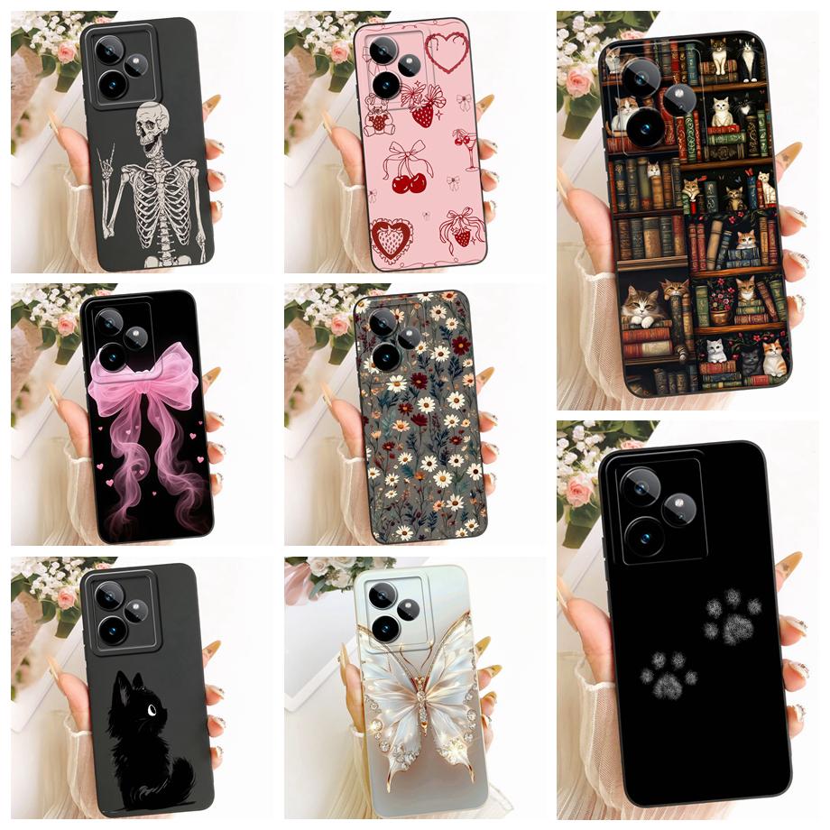 Cartoon Cat Painting Phone Case For Realme GT 7 7T GT 8 Pro 2 Pro GT5 Neo GT3 GT2 Cover Soft Matte Silicone Daisy Flower Bow
