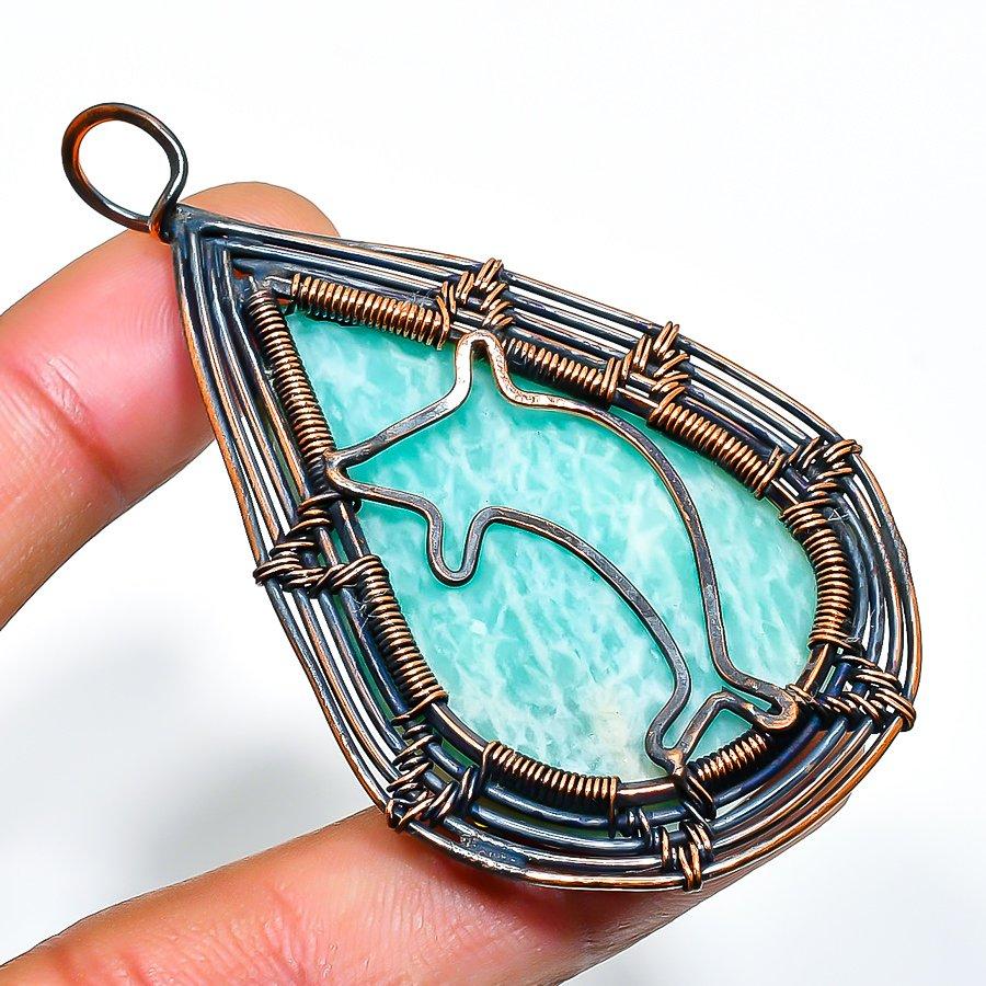 

Ювелирный кулон ручной работы из медной проволоки с амазонитом длиной 2,56 дюйма 2.56 синий