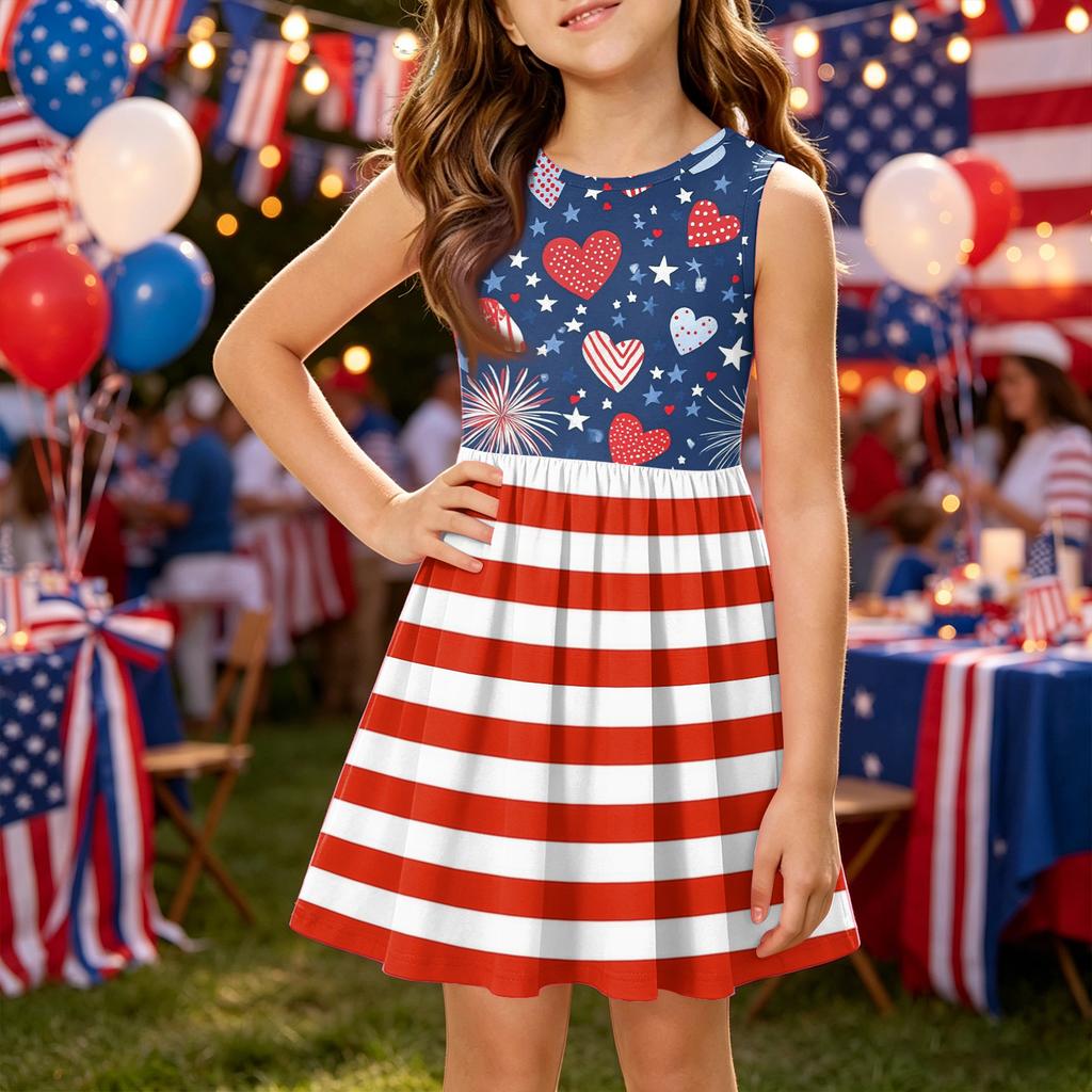 Robe Princesse d'Été pour Filles - Robe Gilet Coupe A-Line Fête de l'Indépendance