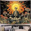 Vibrant Sunflower & Moon Tapestry, Magical Forest with Stars & Mushrooms Print on Black Background, Wall Hanging for Boho Decor