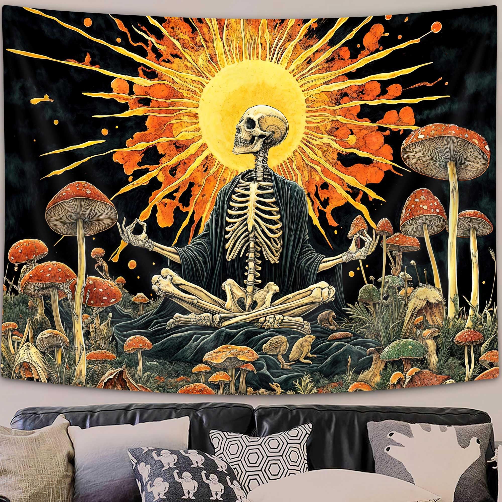 Vibrant Sunflower & Moon Tapestry, Magical Forest with Stars & Mushrooms Print on Black Background, Wall Hanging for Boho Decor 70x100CM