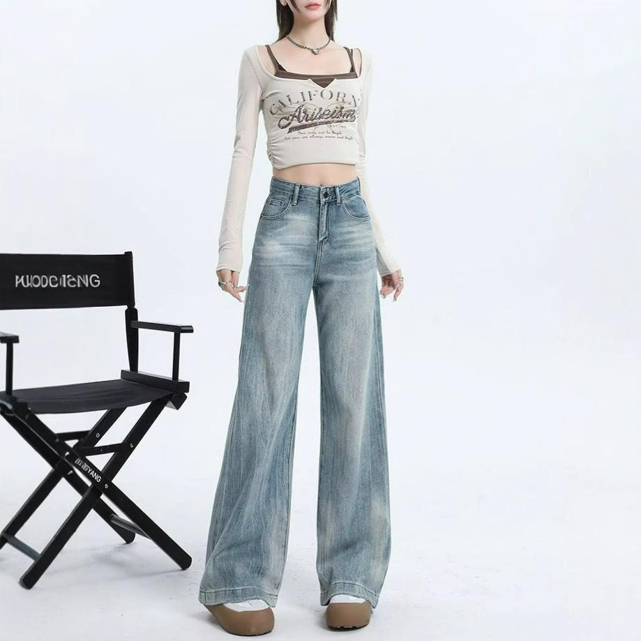 Vintage Wide-legged Jeans Women's Spring and Autumn High-waisted Loose Lethargy Wind Draping Not Sticking Straight Trailing Trousers Long Denim Pants