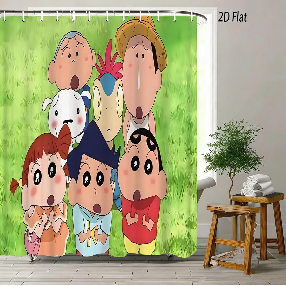 Crayon Shin-Chan & Friends & Shiro & Strange Creature On Green Grass Scene 2D Print Waterproof Shower Curtain, Bright Green Bath