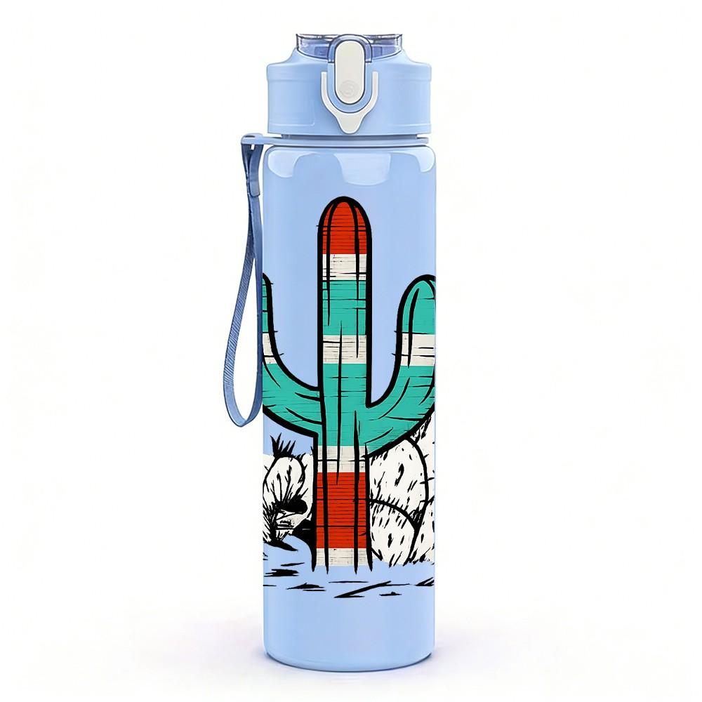 1PC Desert Cactus Scene Pattern 750ml Color Plastic Sports Water Bottle Leakproof Flip Straw Lid Suitable for Sports Office Home Use