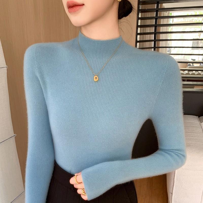 Women's Black Wool Semi-High Neck Base Layer Sweater - Soft, Comfortable, Slimming Fit for Autumn/Winter.