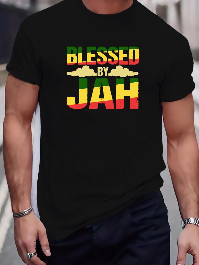 Unisex Summer Gray Short Sleeve Tee Blessed By Jah Rasta Color Text Print Crew Neck Loose Reggae Male Casual Top