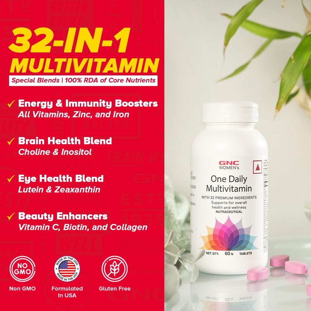 GNC Women's One Daily Multivitamin - 32 Premium-Inhaltsstoffe mit Vitamin C, Biotin, Kollagen & Antioxidantien | Stärkt das Immunsystem & die Energie | Verbessert